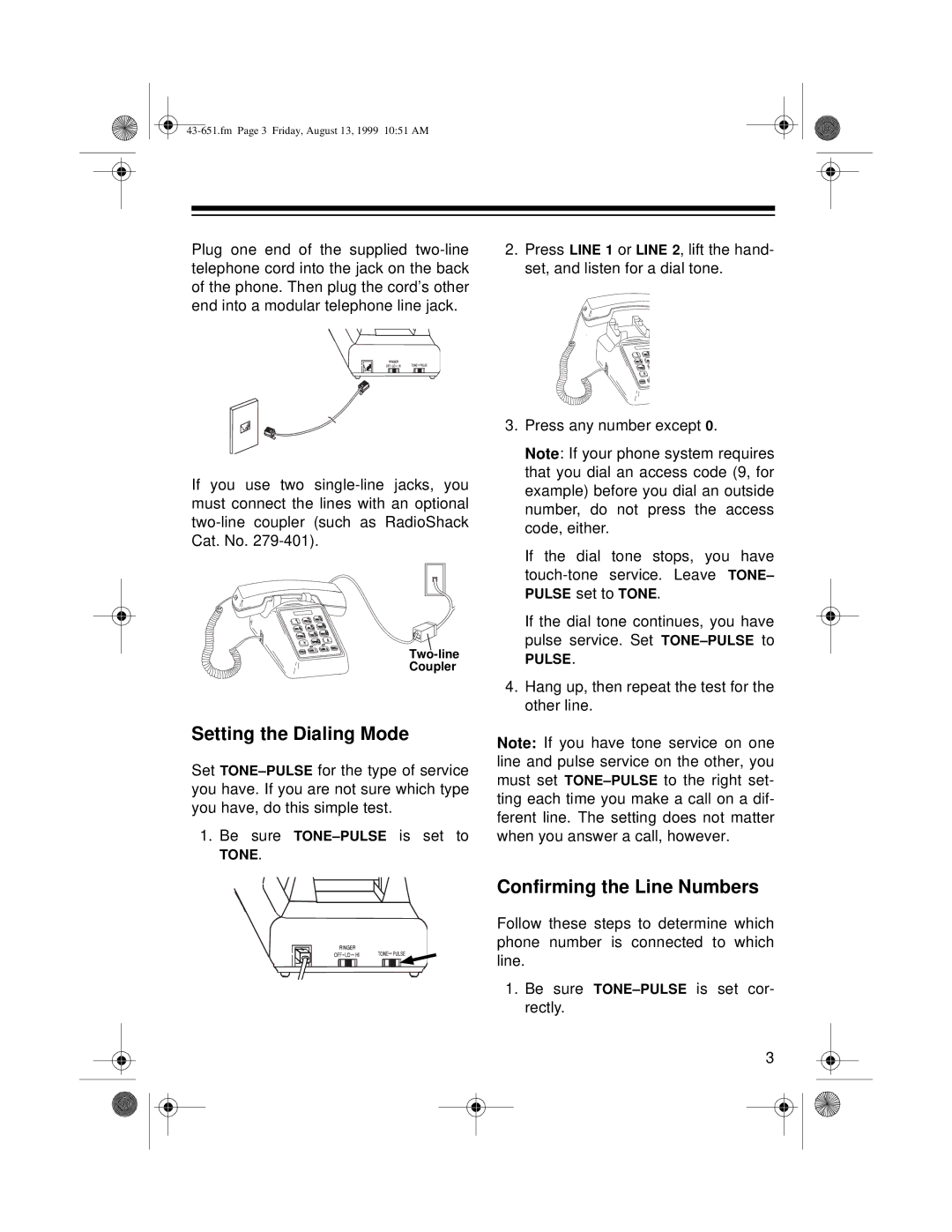 Radio Shack ET-651 user service Setting the Dialing Mode, Confirming the Line Numbers 