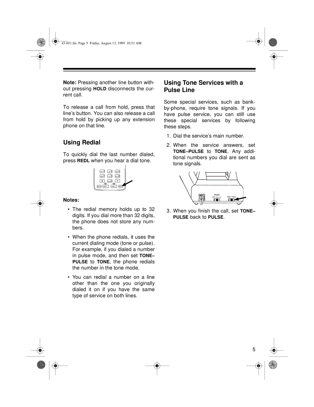 Radio Shack ET-651 user service Using Redial, Using Tone Services with a Pulse Line 