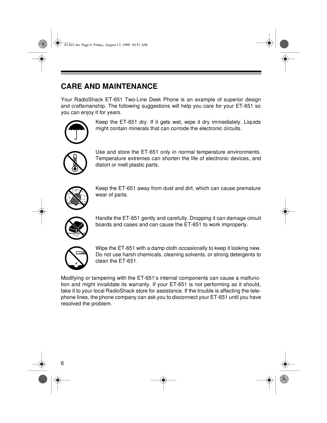 Radio Shack ET-651 user service Care and Maintenance 