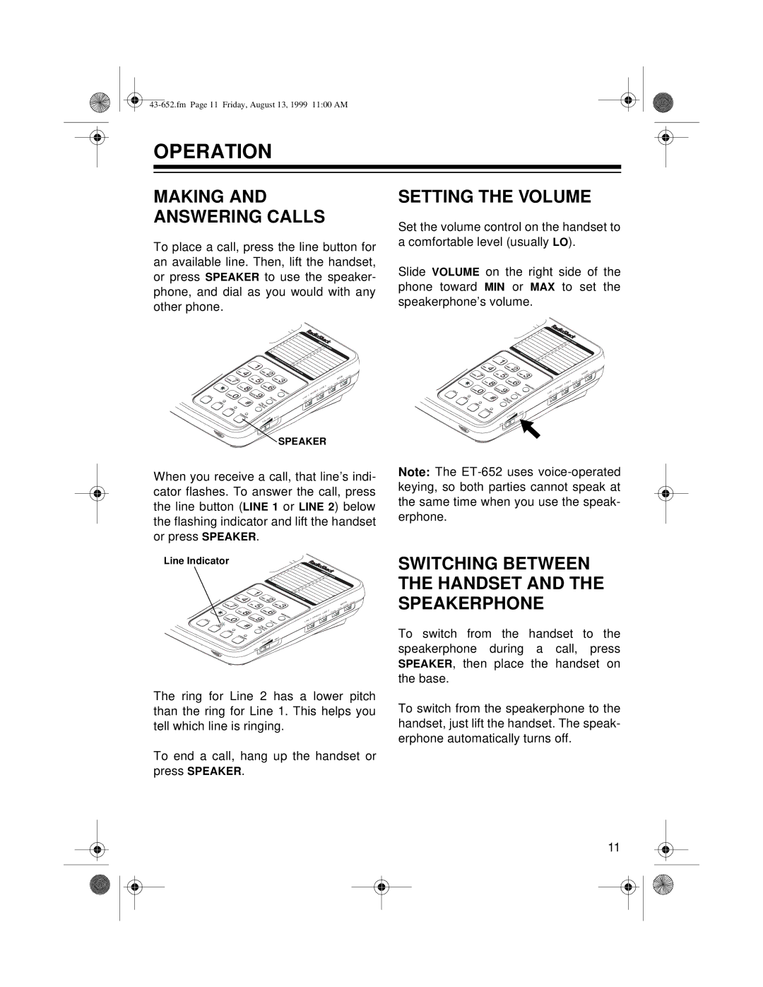 Radio Shack ET-652 owner manual Operation, Making and Answering Calls, Setting the Volume 