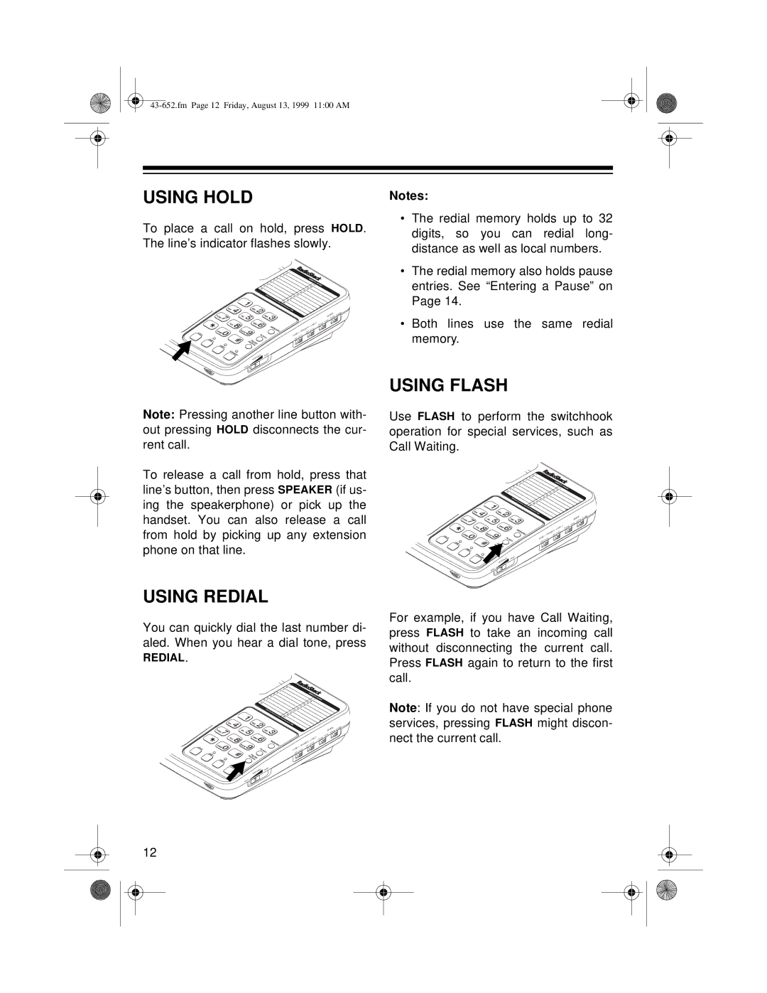 Radio Shack ET-652 owner manual Using Hold, Using Redial, Using Flash 