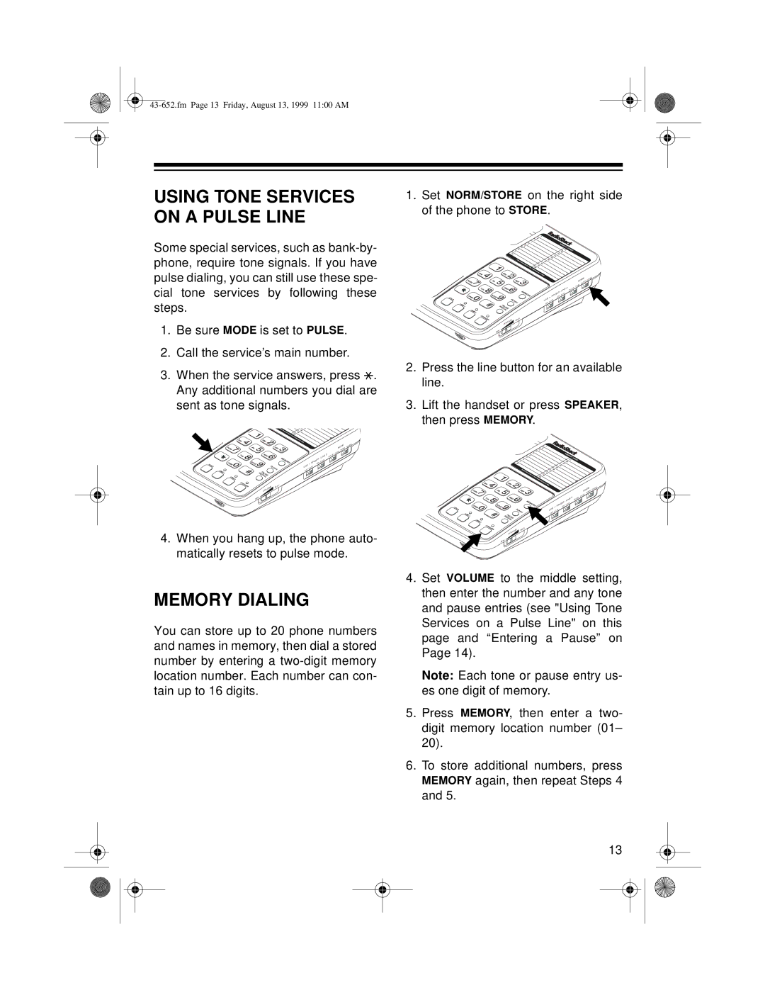 Radio Shack ET-652 owner manual Memory Dialing, Using Tone Services on a Pulse Line 