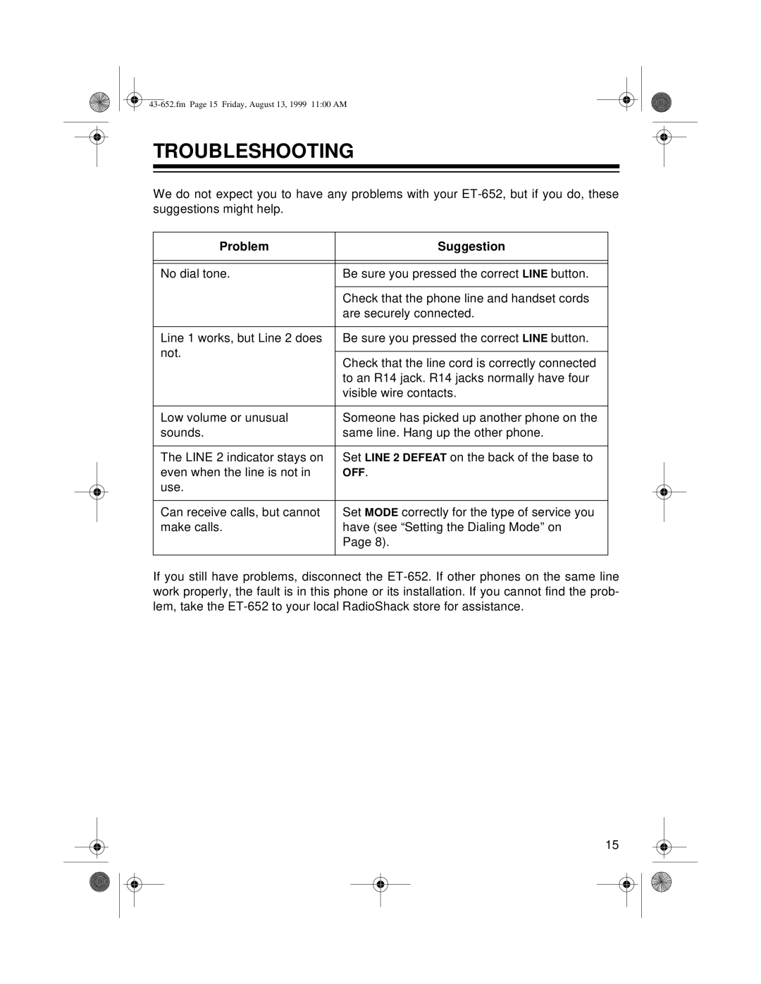 Radio Shack ET-652 owner manual Troubleshooting, Problem Suggestion 