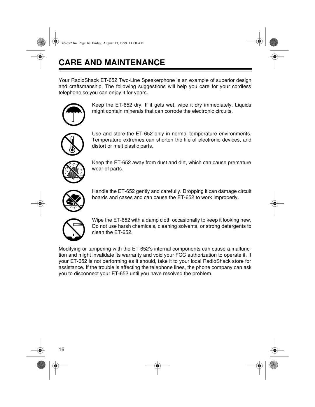 Radio Shack ET-652 owner manual Care and Maintenance 