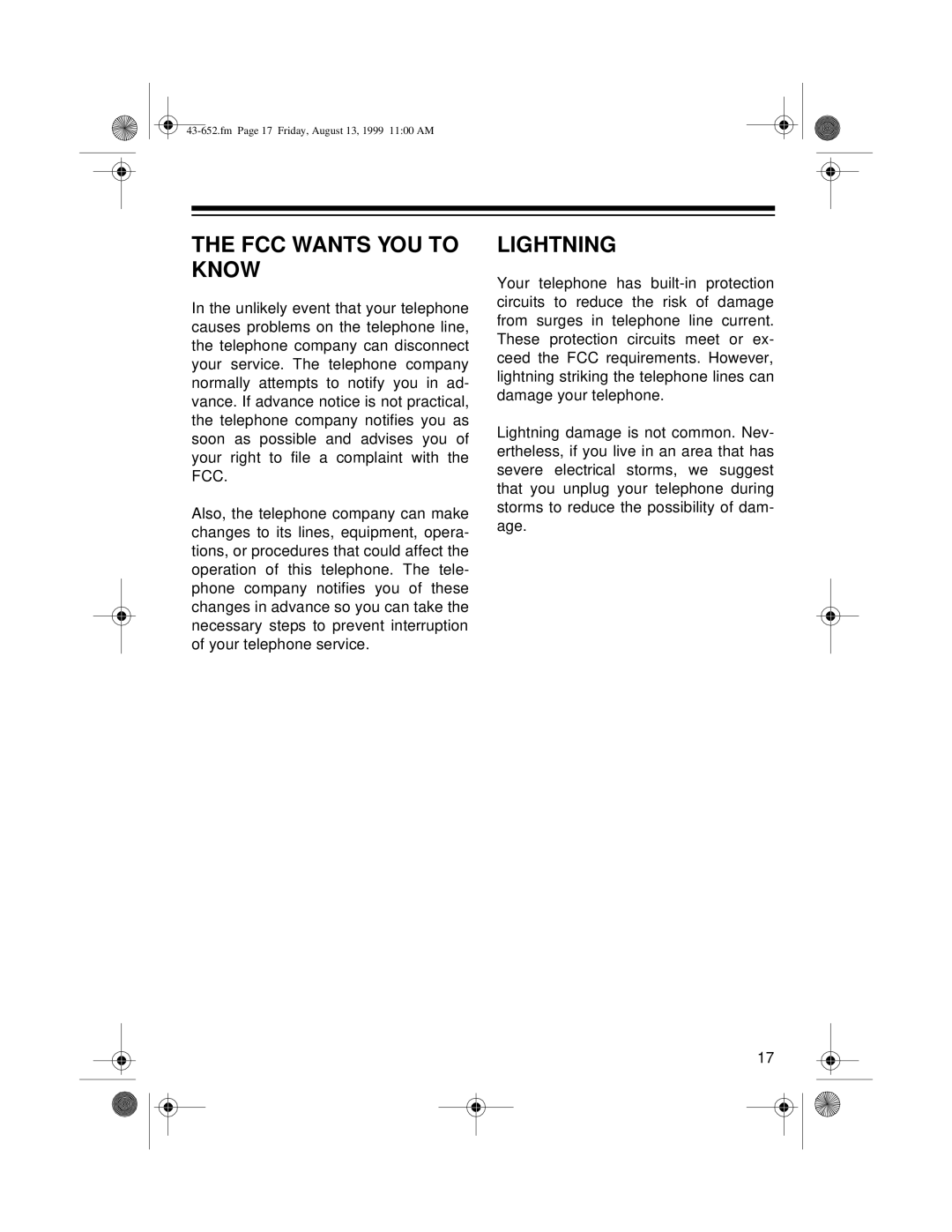 Radio Shack ET-652 owner manual FCC Wants YOU to Know, Lightning 