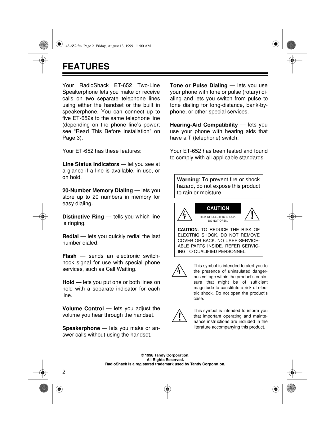 Radio Shack ET-652 owner manual Features 