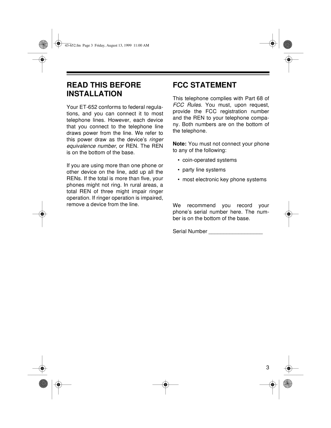 Radio Shack ET-652 owner manual Read this Before Installation, FCC Statement 