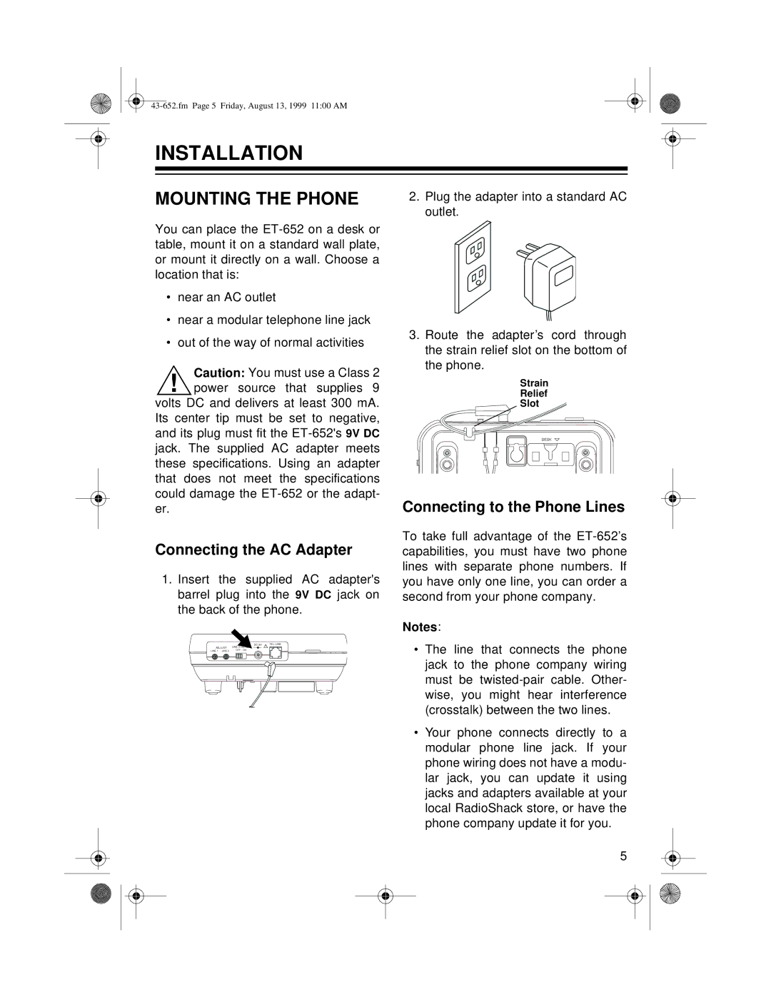 Radio Shack ET-652 owner manual Installation, Mounting the Phone, Connecting the AC Adapter, Connecting to the Phone Lines 