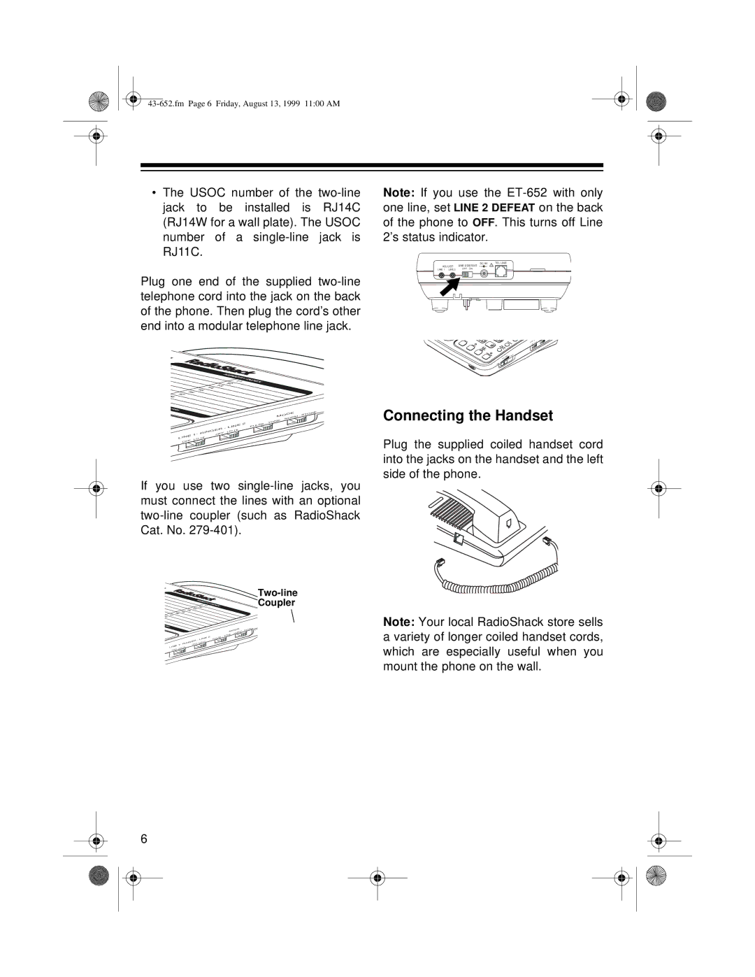 Radio Shack ET-652 owner manual Connecting the Handset 