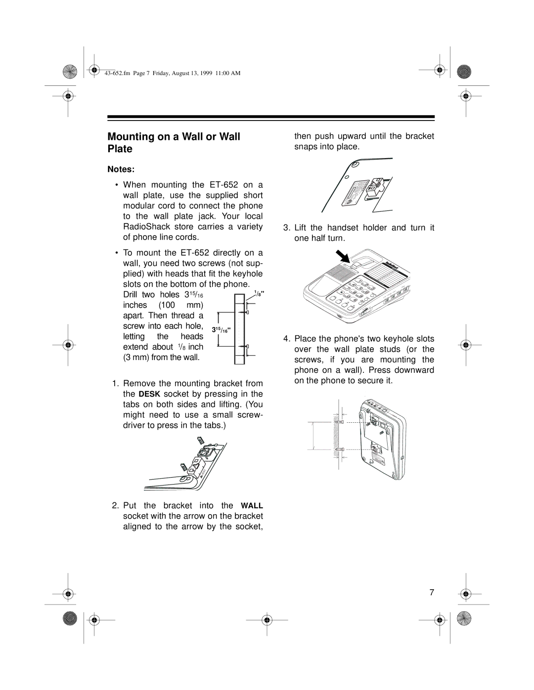 Radio Shack ET-652 owner manual Mounting on a Wall or Wall Plate, Then push upward until the bracket snaps into place 