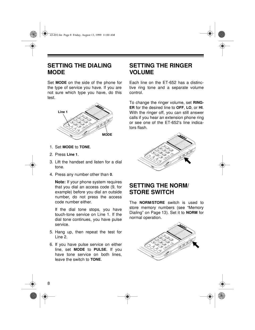 Radio Shack ET-652 owner manual Setting the Dialing Mode, Setting the Ringer Volume 