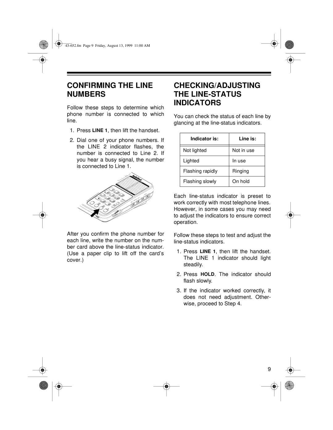 Radio Shack ET-652 owner manual Confirming the Line Numbers, CHECKING/ADJUSTING the LINE-STATUS Indicators 