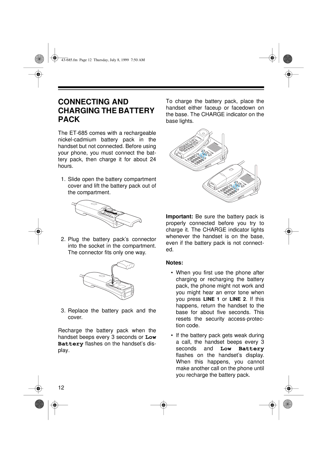 Radio Shack ET-685 owner manual Connecting and Charging the Battery Pack 