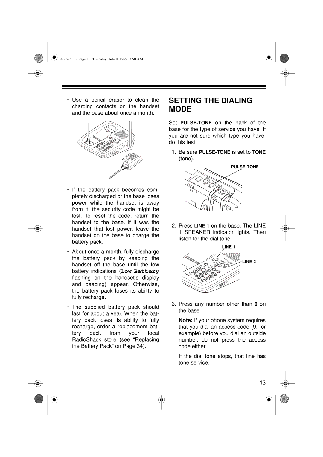 Radio Shack ET-685 owner manual Setting the Dialing Mode 