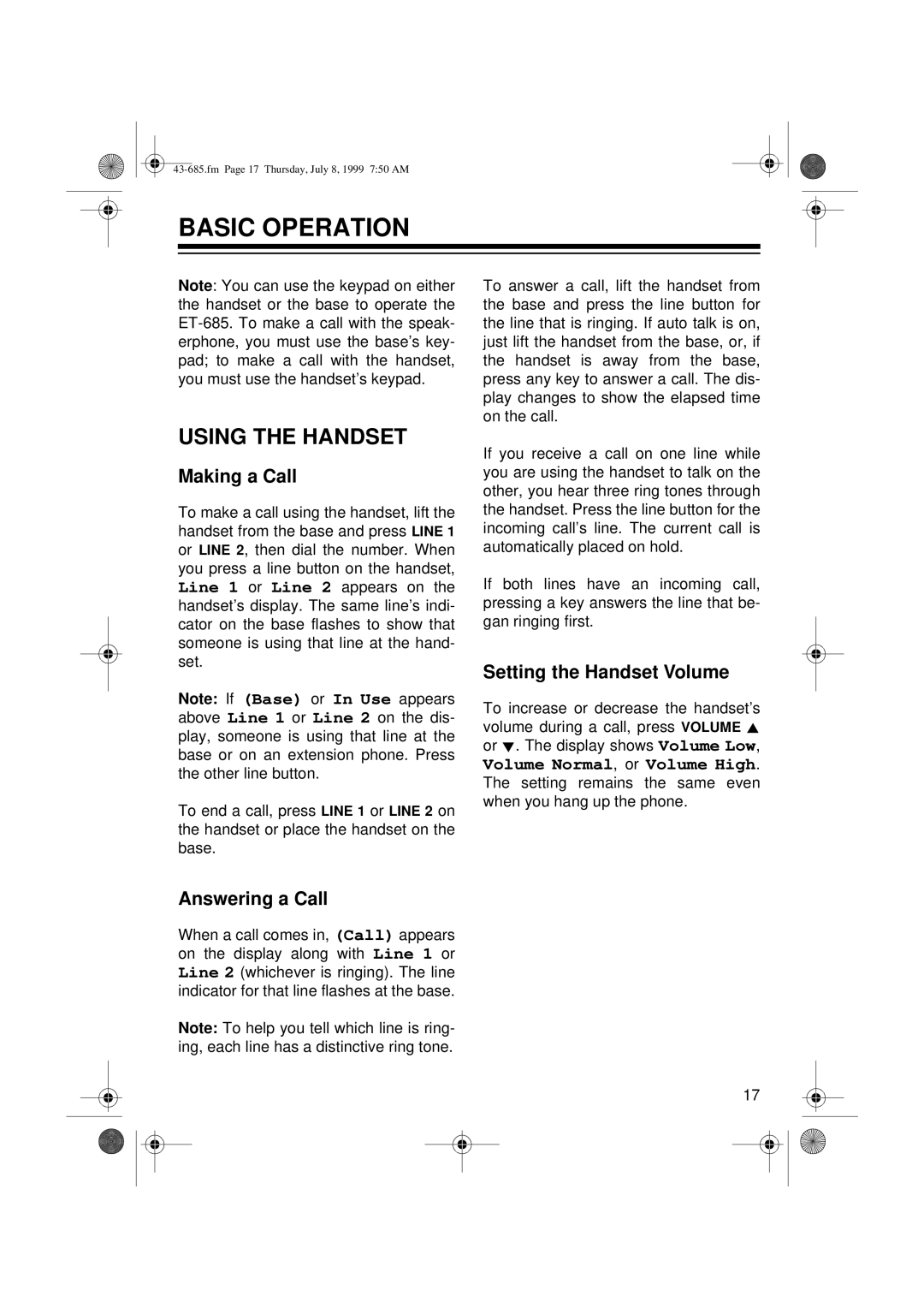 Radio Shack ET-685 Basic Operation, Using the Handset, Making a Call, Setting the Handset Volume, Answering a Call 