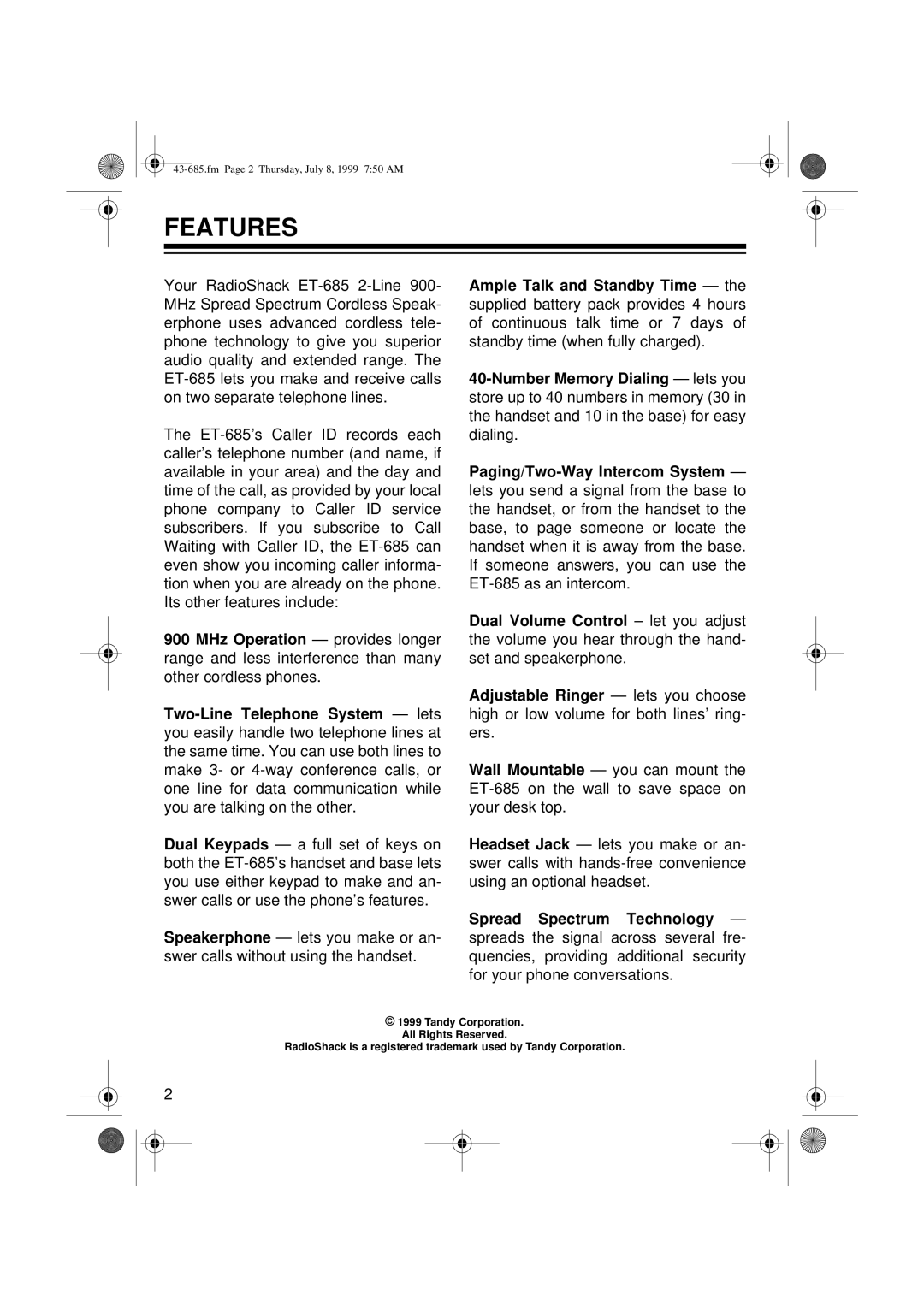 Radio Shack ET-685 owner manual Features 