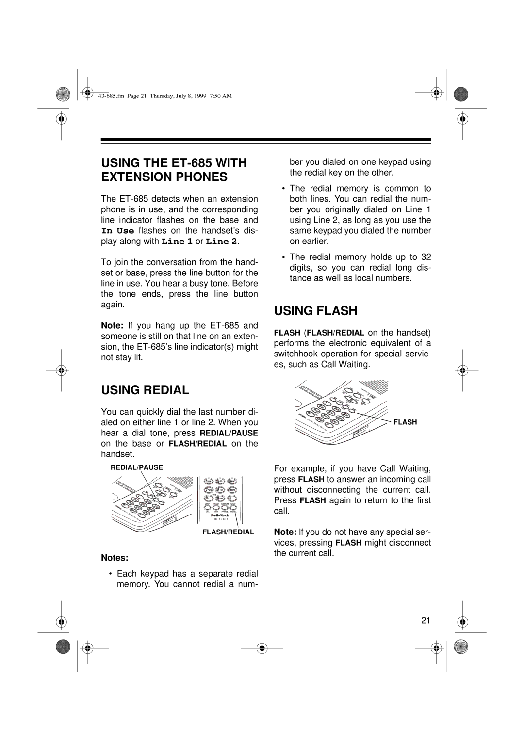 Radio Shack ET-685 owner manual Using Flash, Using Redial 