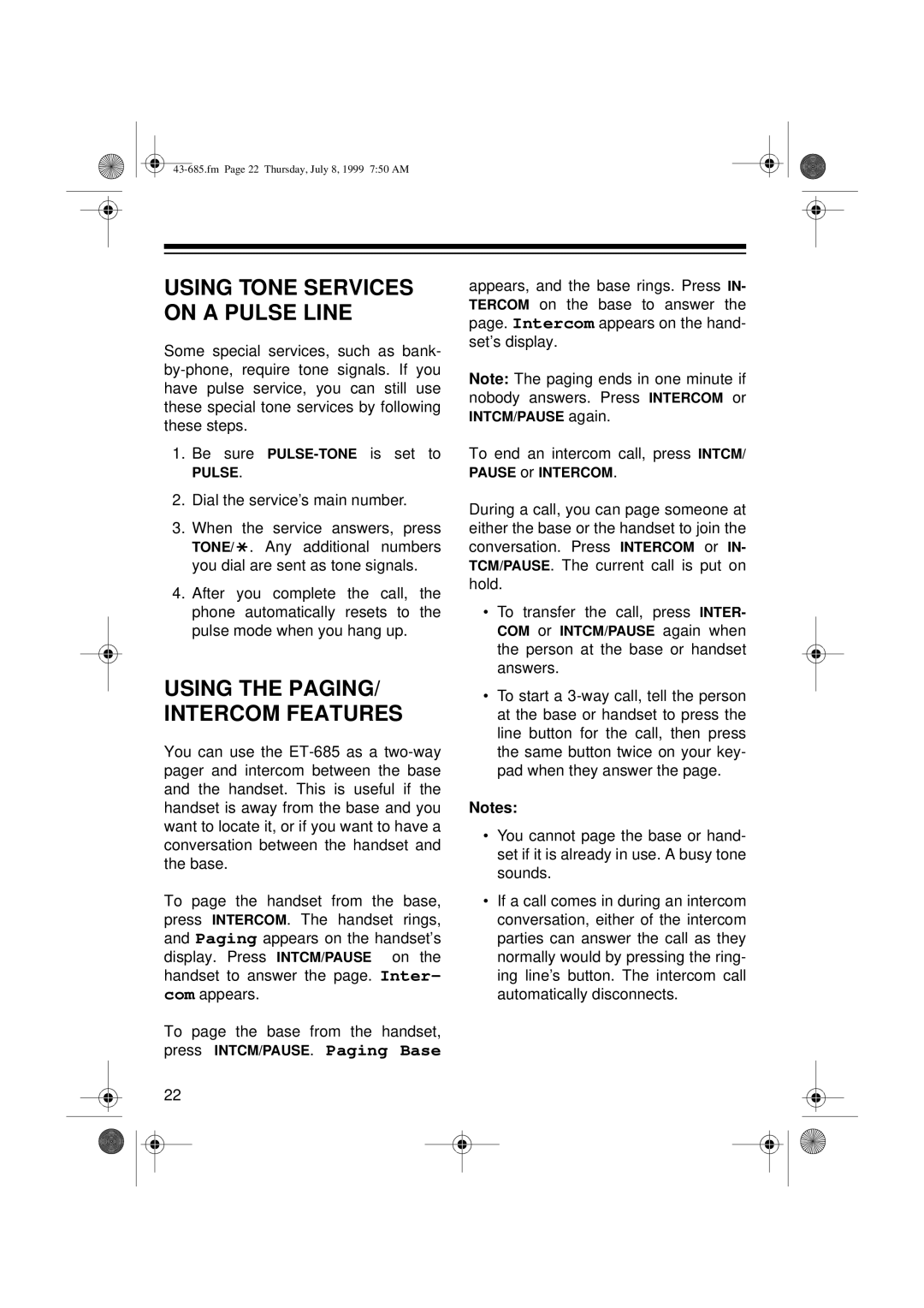 Radio Shack ET-685 owner manual Using Tone Services on a Pulse Line 