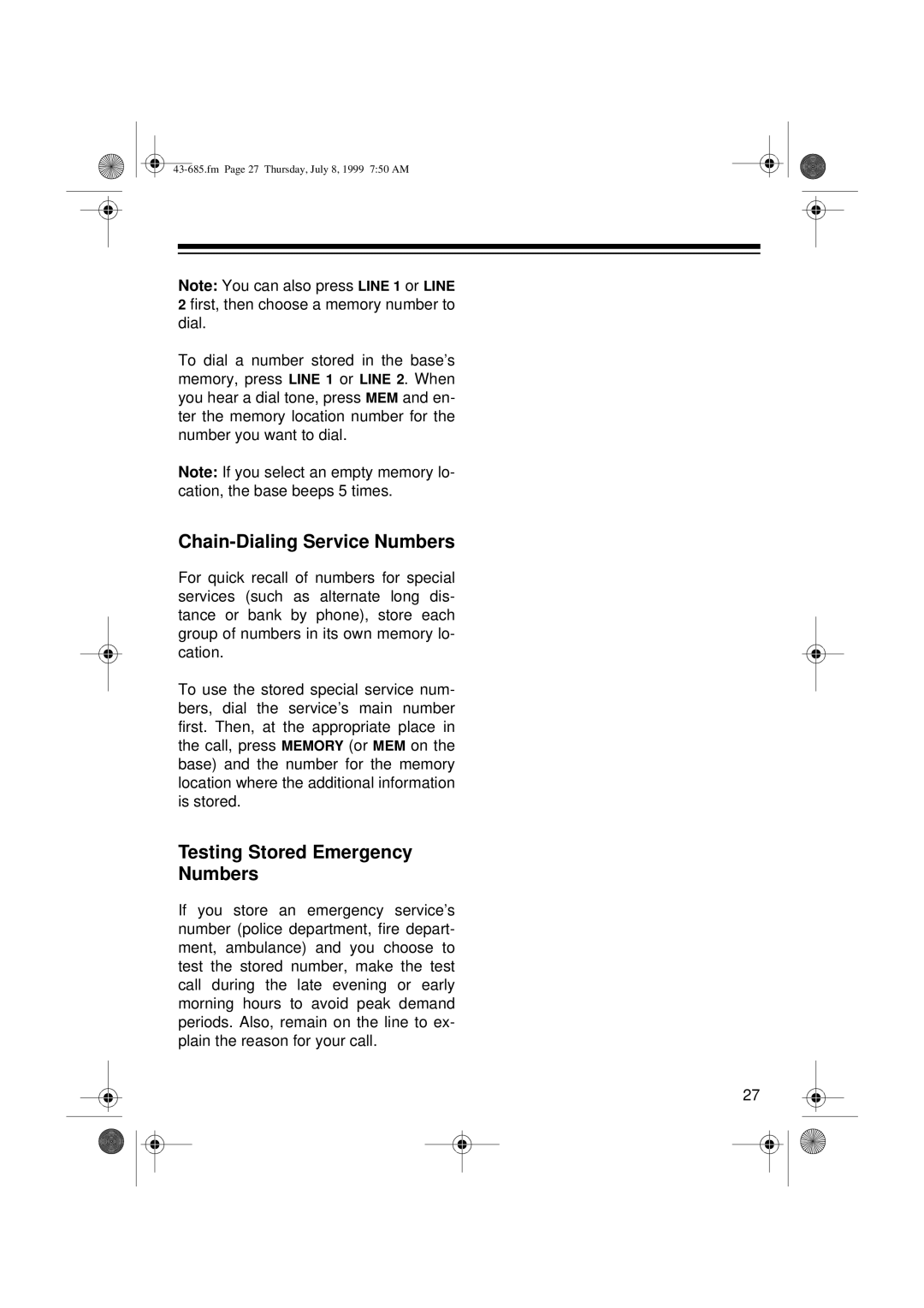 Radio Shack ET-685 owner manual Chain-Dialing Service Numbers, Testing Stored Emergency Numbers 