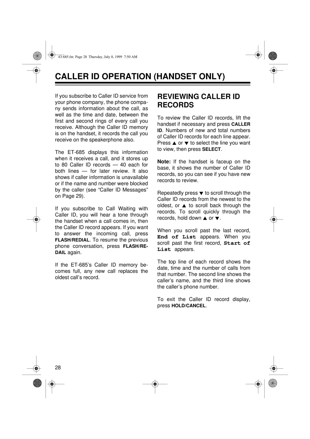 Radio Shack ET-685 owner manual Caller ID Operation Handset only, Reviewing Caller ID Records 