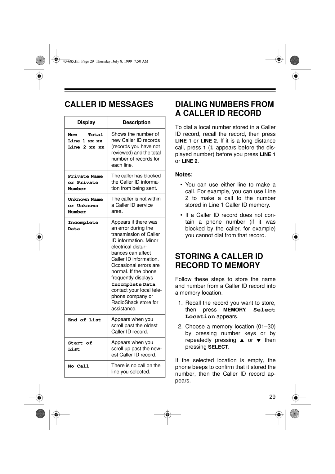 Radio Shack ET-685 owner manual Caller ID Messages, Storing a Caller ID Record to Memory 