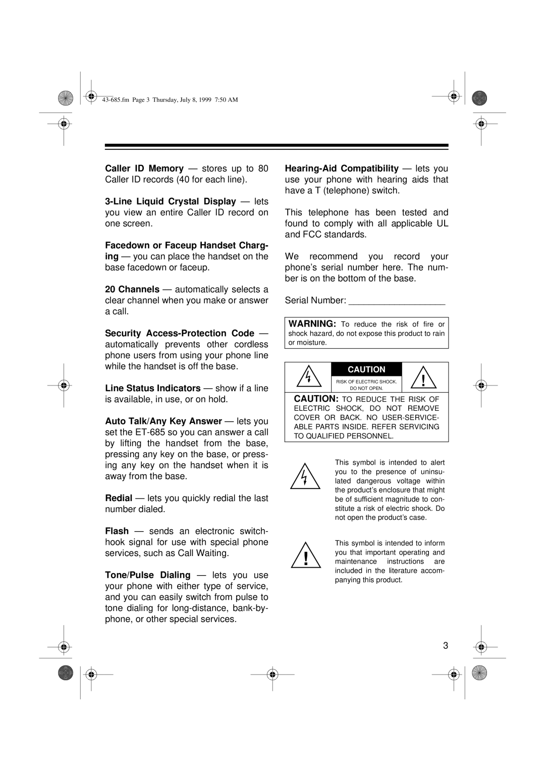 Radio Shack ET-685 owner manual Security Access-Protection Code 