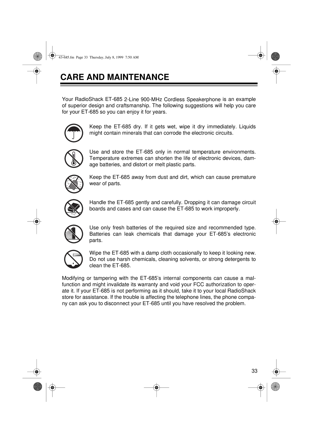 Radio Shack ET-685 owner manual Care and Maintenance 