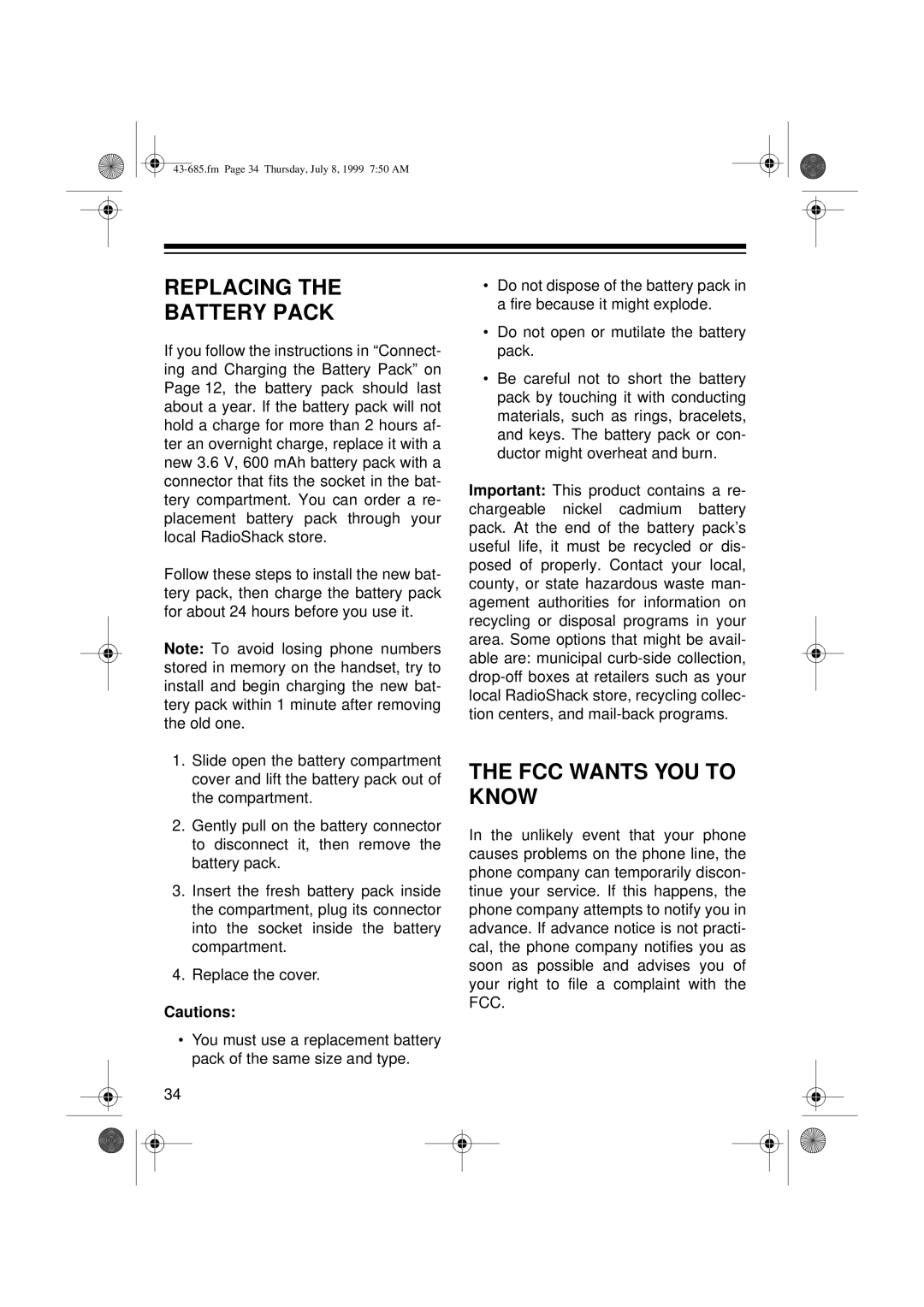 Radio Shack ET-685 owner manual Replacing Battery Pack, FCC Wants YOU to Know 