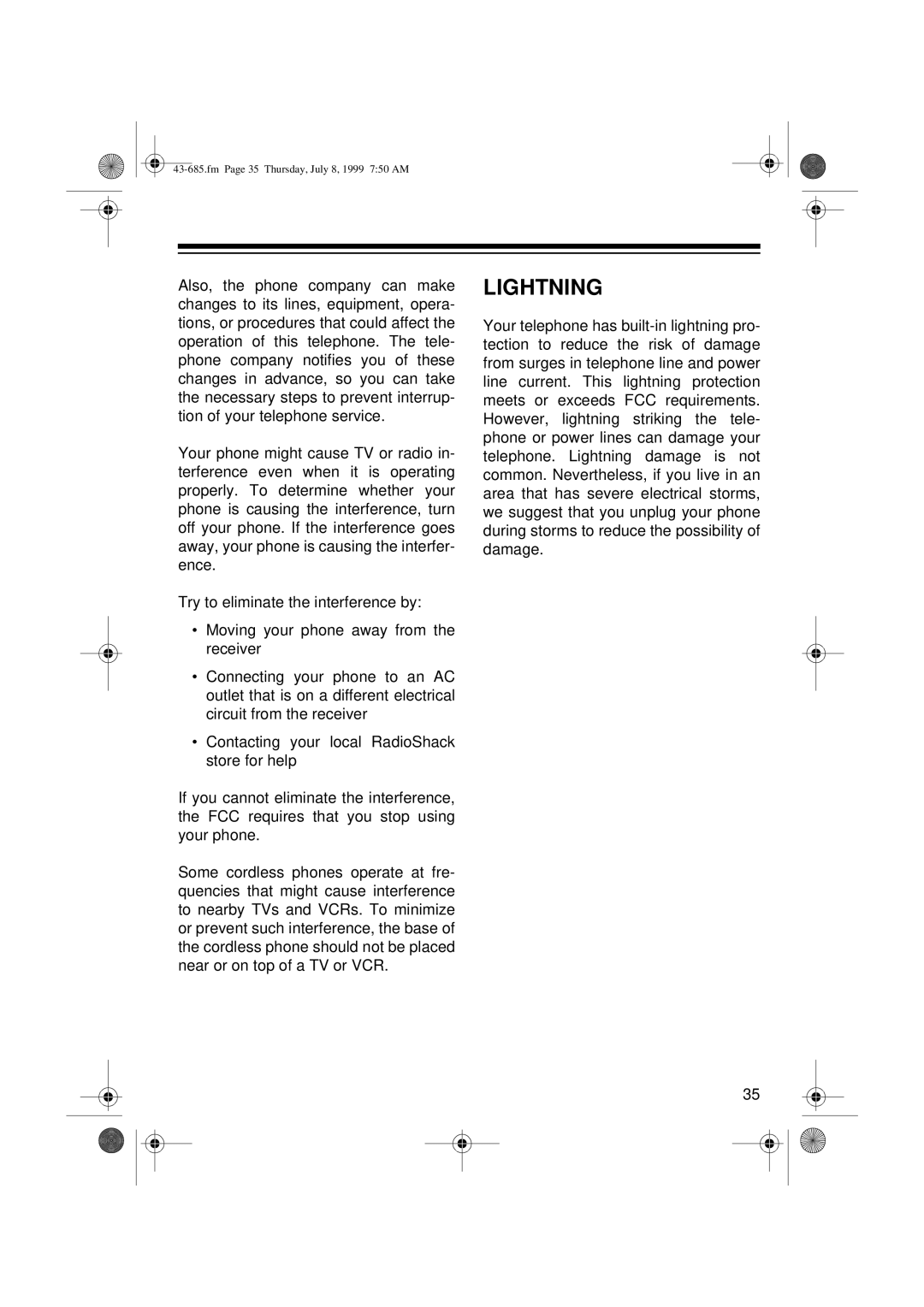 Radio Shack ET-685 owner manual Lightning 