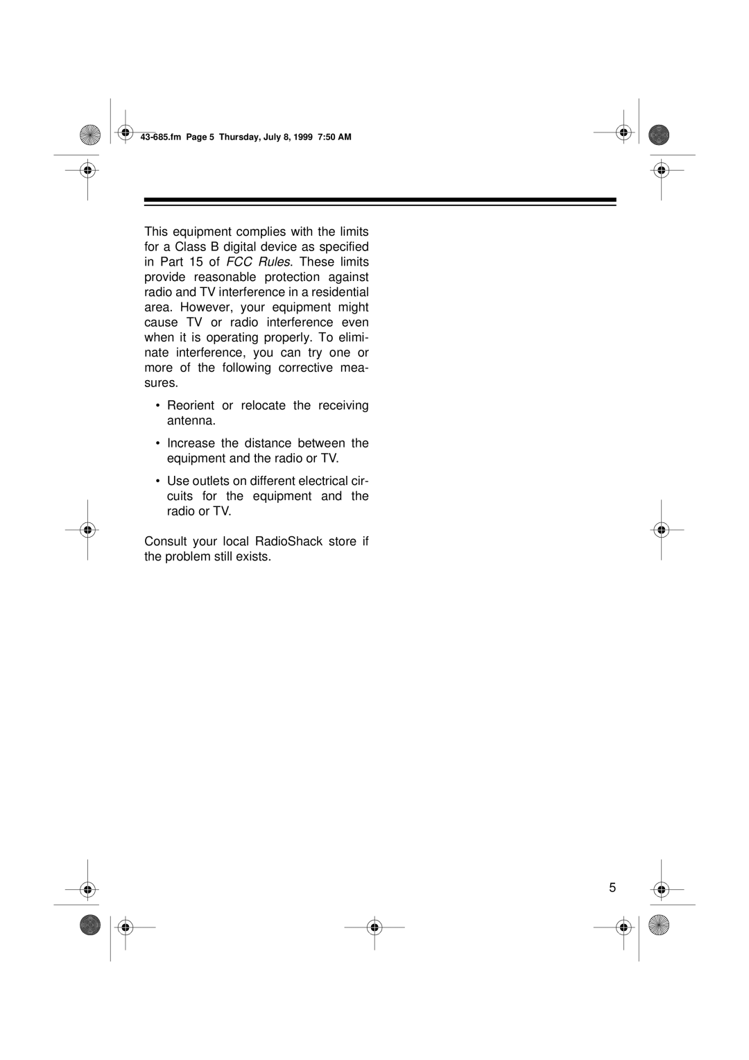 Radio Shack ET-685 owner manual Fm Page 5 Thursday, July 8, 1999 750 AM 