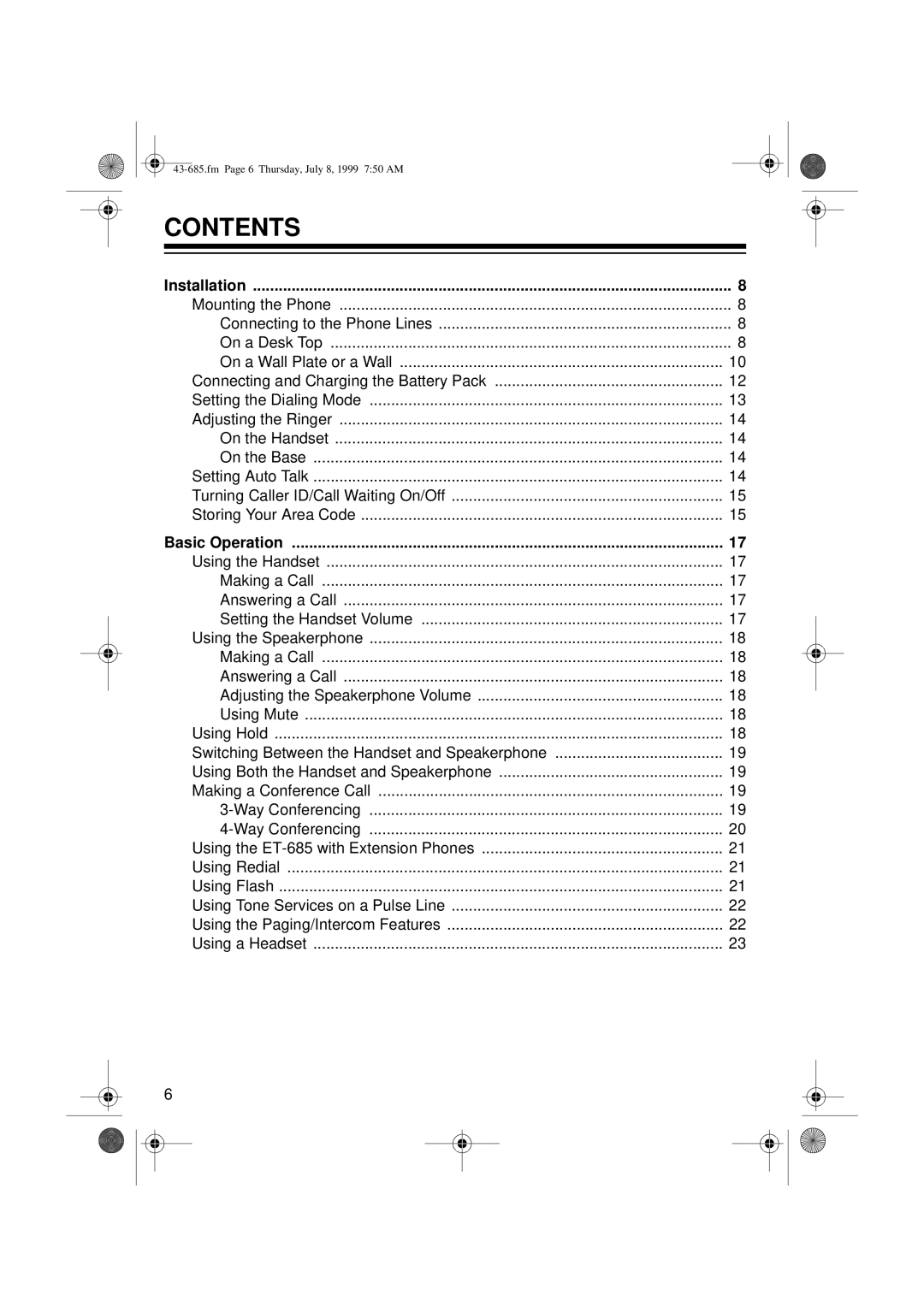 Radio Shack ET-685 owner manual Contents 