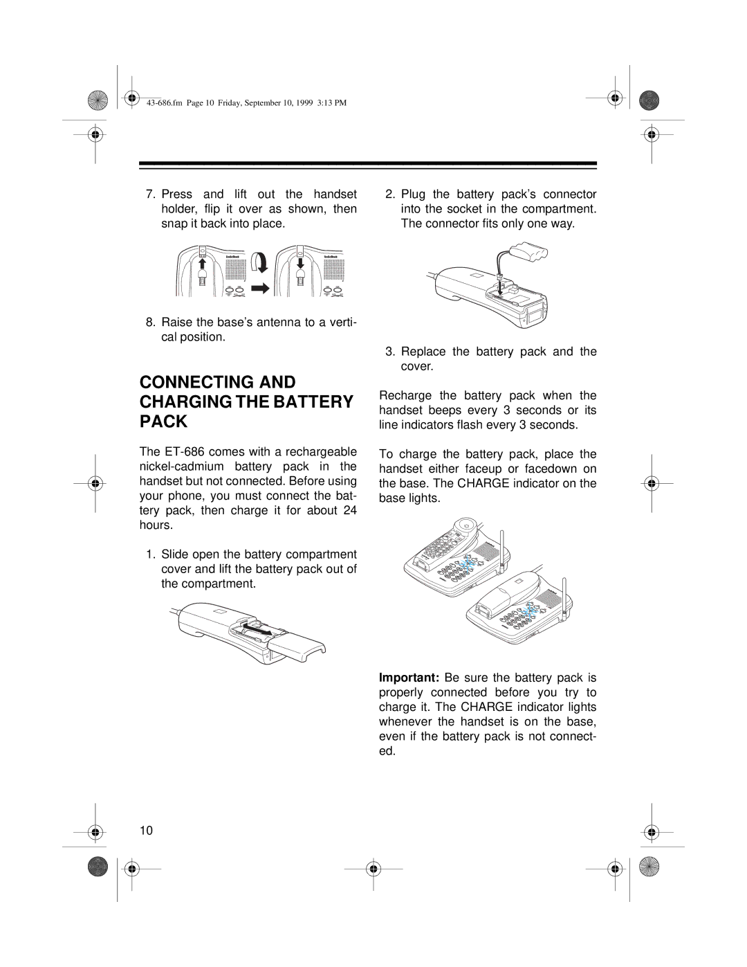 Radio Shack ET-686 owner manual Connecting and Charging the Battery Pack 