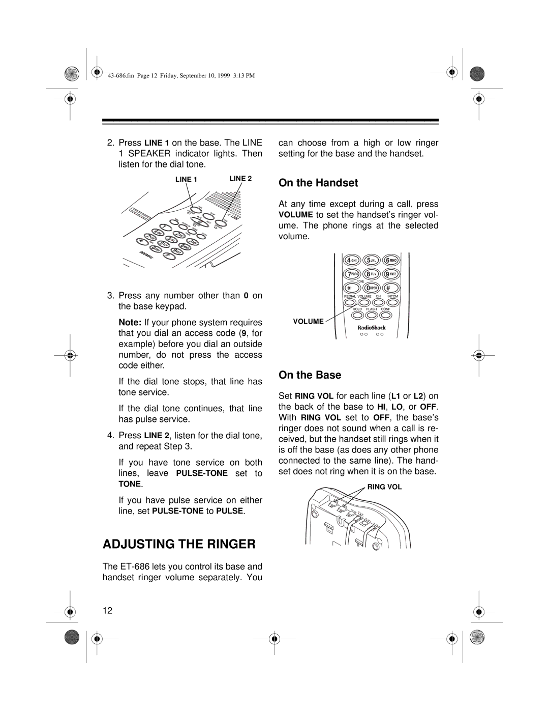 Radio Shack ET-686 owner manual Adjusting the Ringer, On the Handset, On the Base 