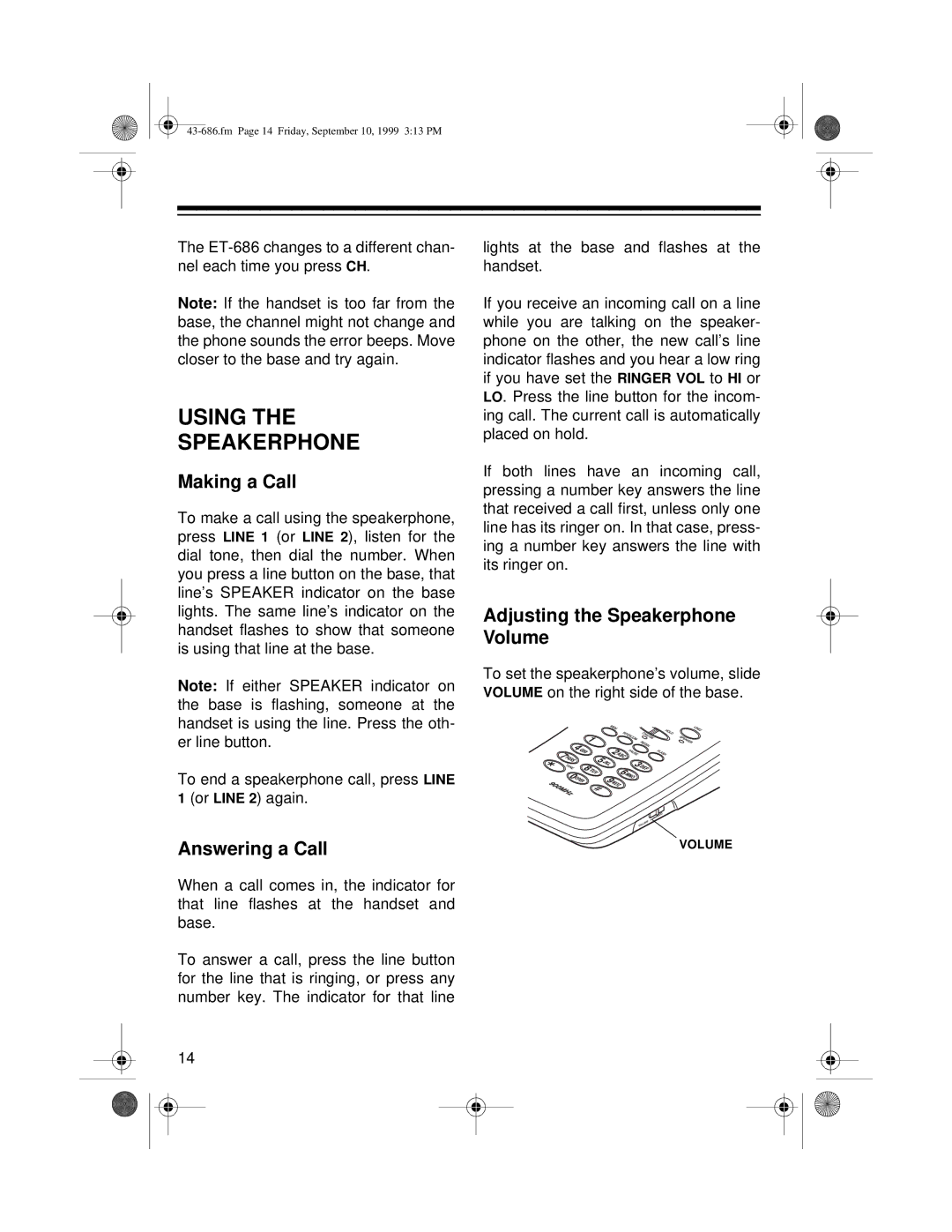 Radio Shack ET-686 owner manual Using Speakerphone, Adjusting the Speakerphone Volume 