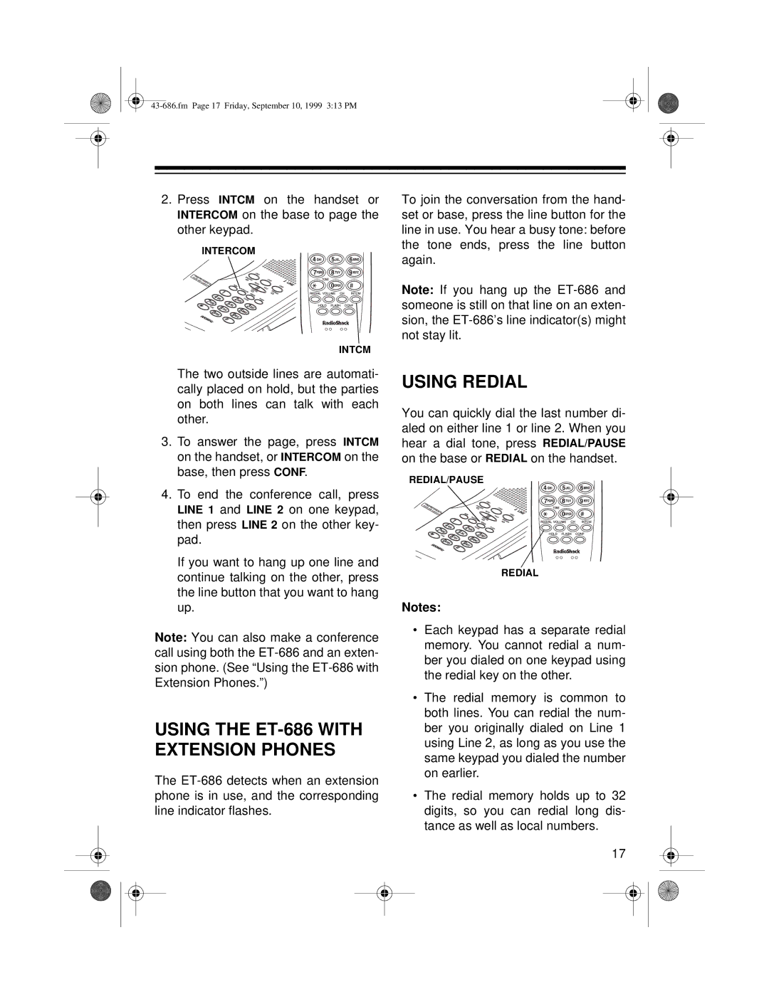 Radio Shack owner manual Using Redial, Using the ET-686 with Extension Phones 