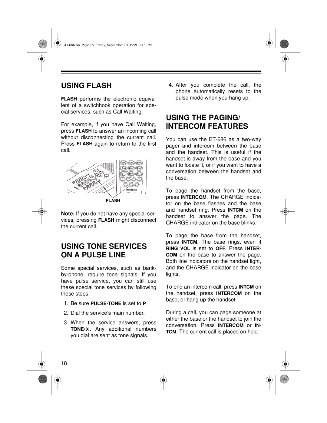 Radio Shack ET-686 owner manual Using Flash, Using Tone Services on a Pulse Line 