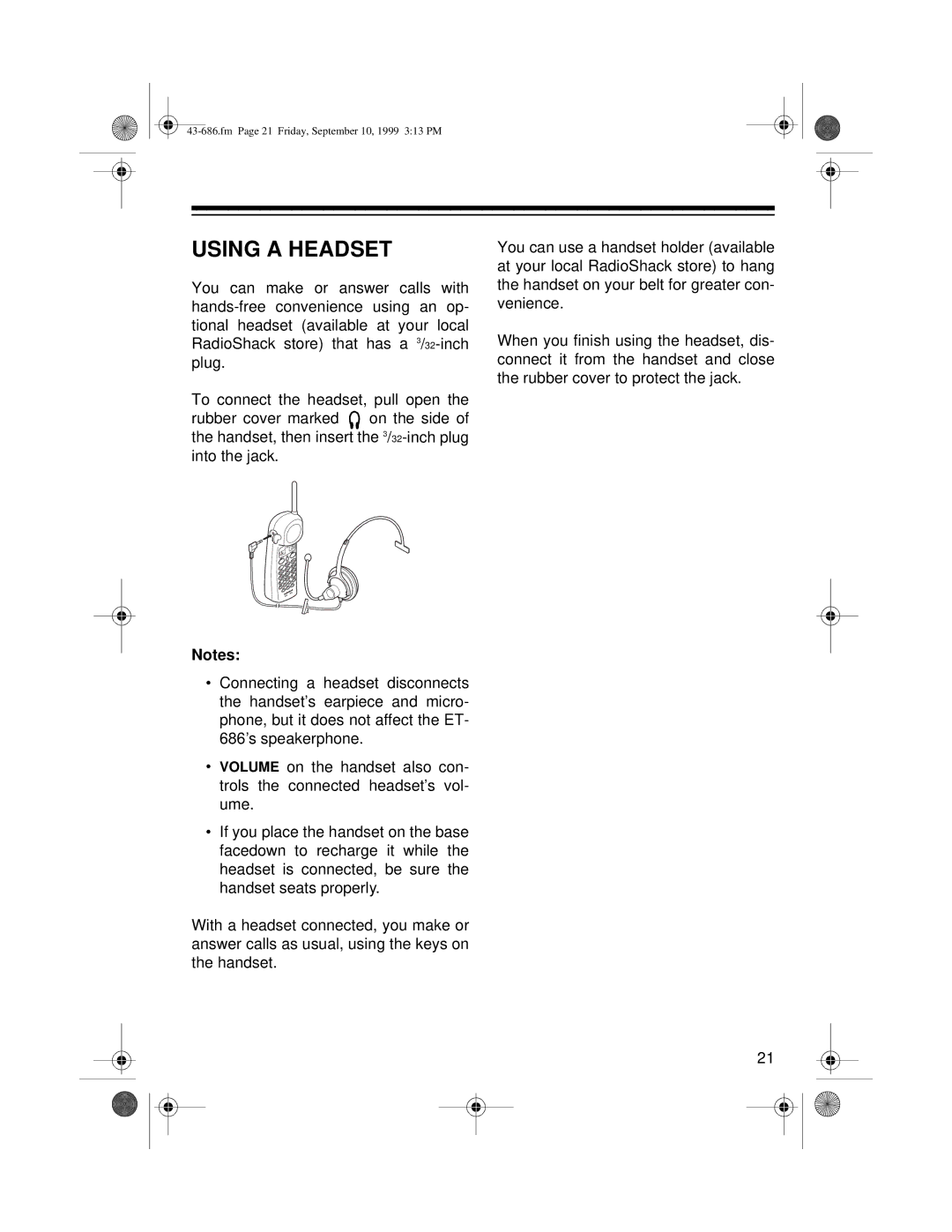 Radio Shack ET-686 owner manual Using a Headset 