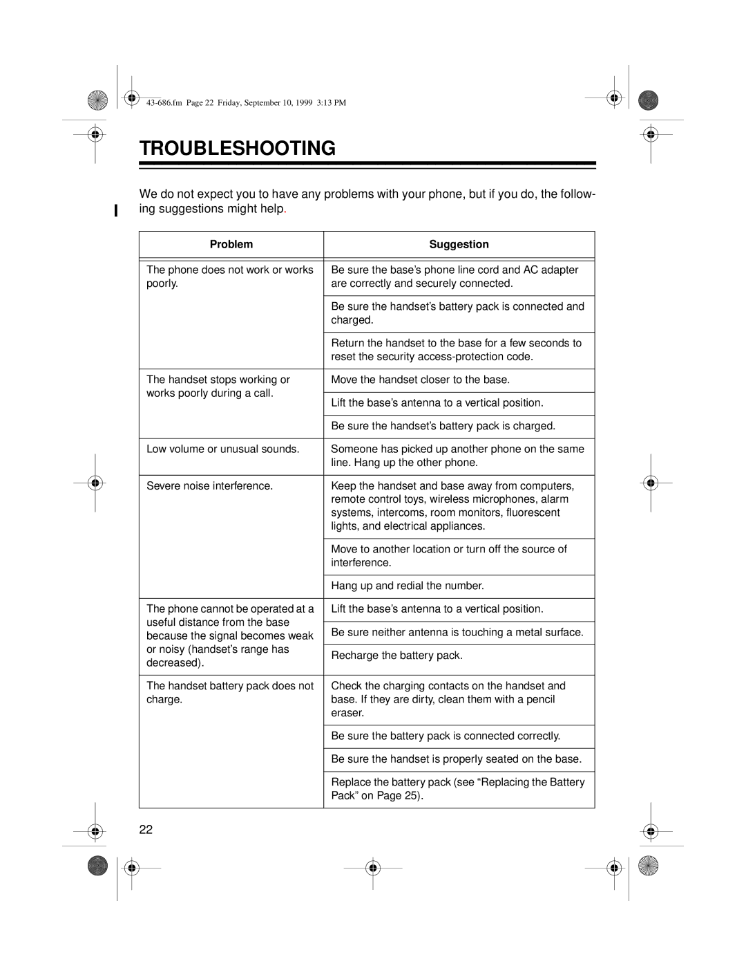 Radio Shack ET-686 owner manual Troubleshooting, Problem Suggestion 