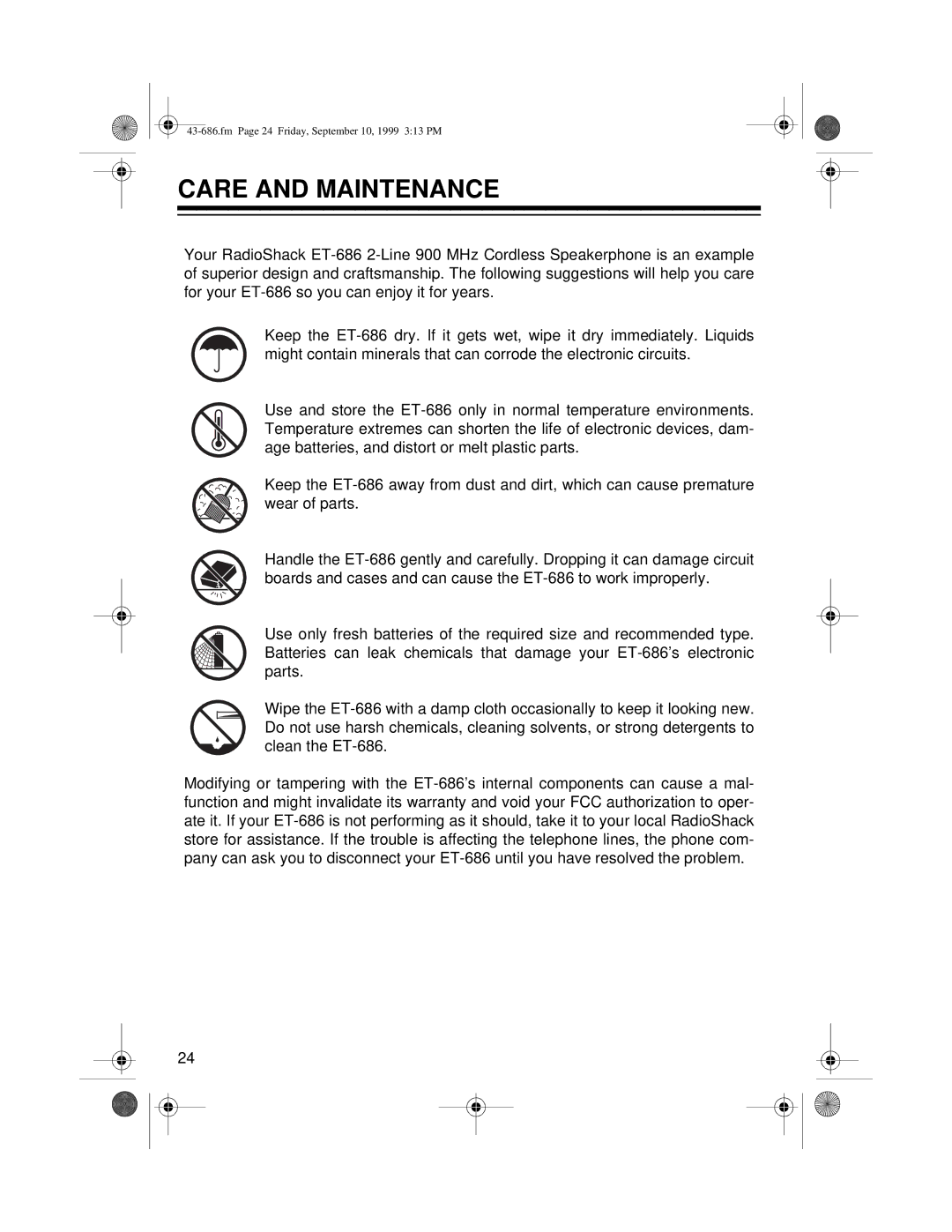 Radio Shack ET-686 owner manual Care and Maintenance 