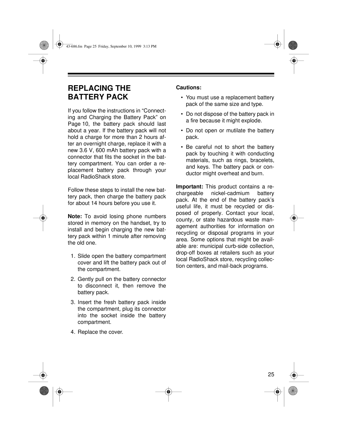 Radio Shack ET-686 owner manual Replacing Battery Pack 