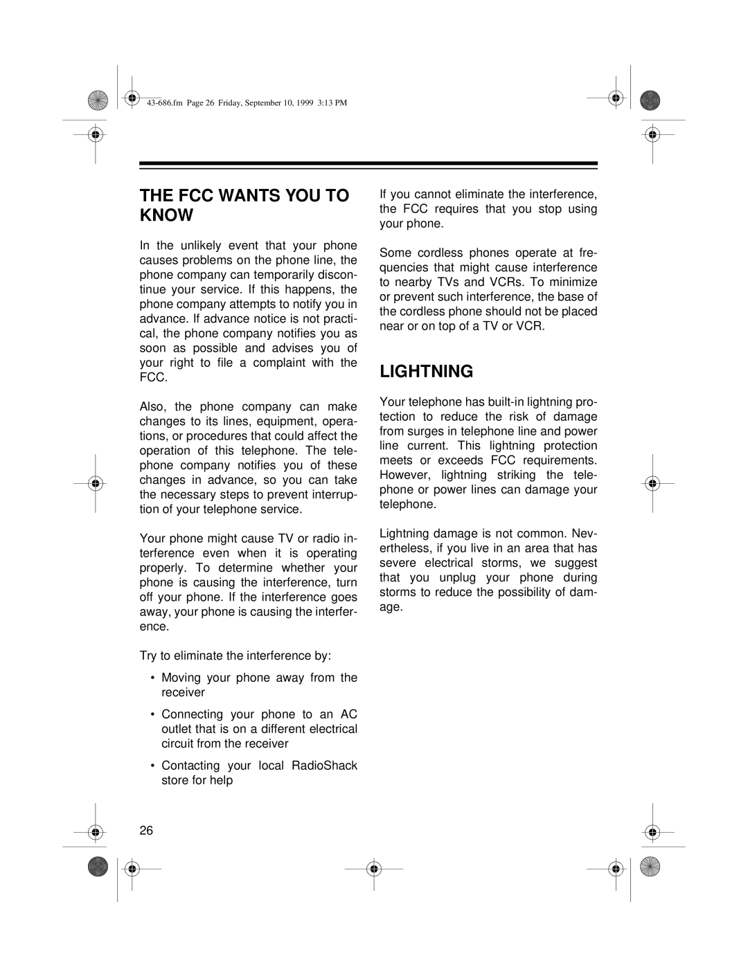 Radio Shack ET-686 owner manual FCC Wants YOU to Know, Lightning 