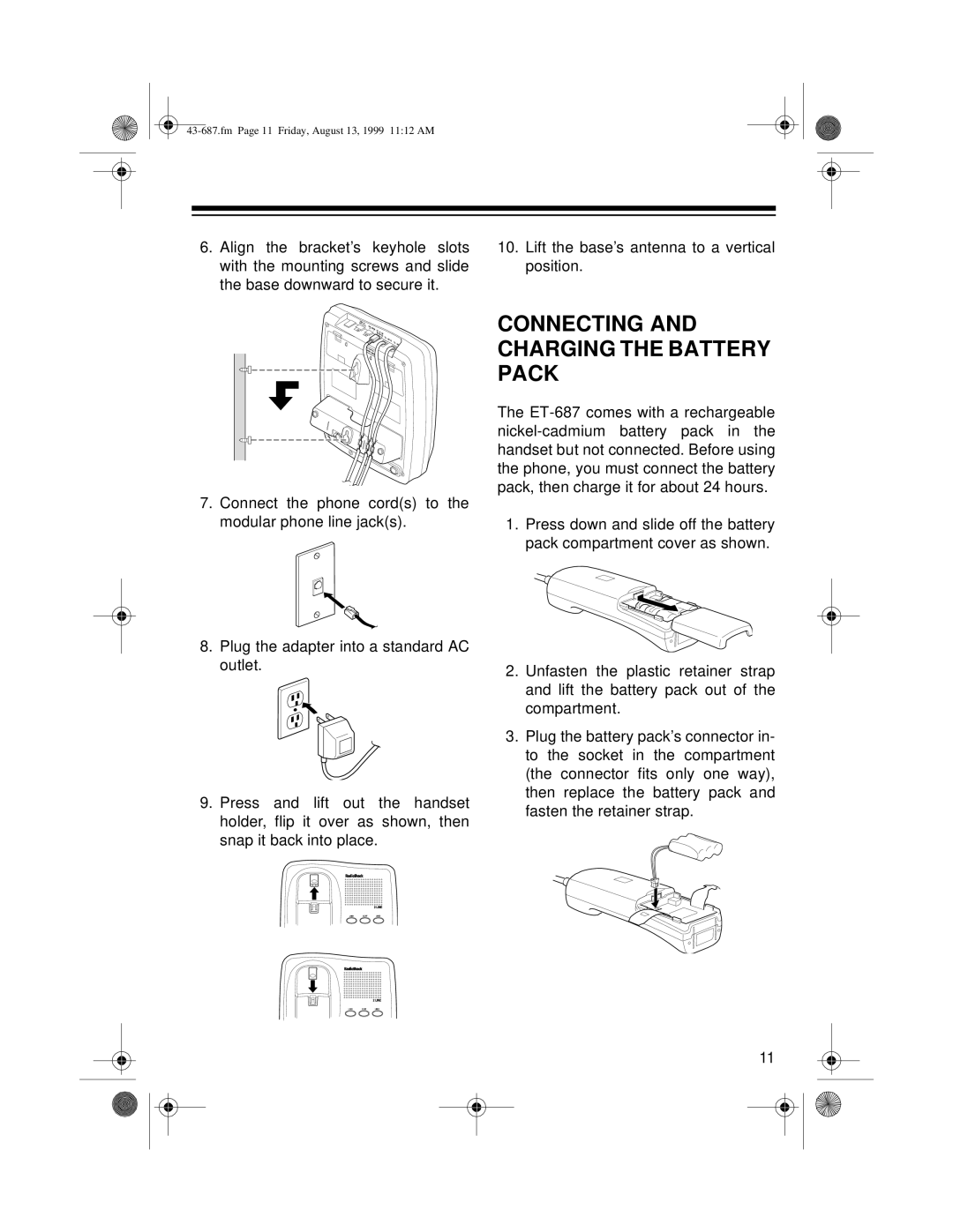 Radio Shack ET-687 owner manual Connecting and Charging the Battery Pack 