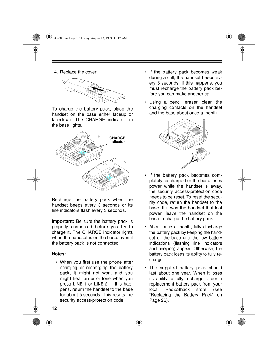 Radio Shack ET-687 owner manual Charge 