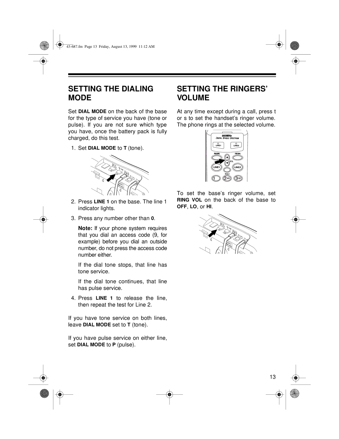 Radio Shack ET-687 owner manual Setting the Dialing Mode, Setting the RINGERS’ Volume 