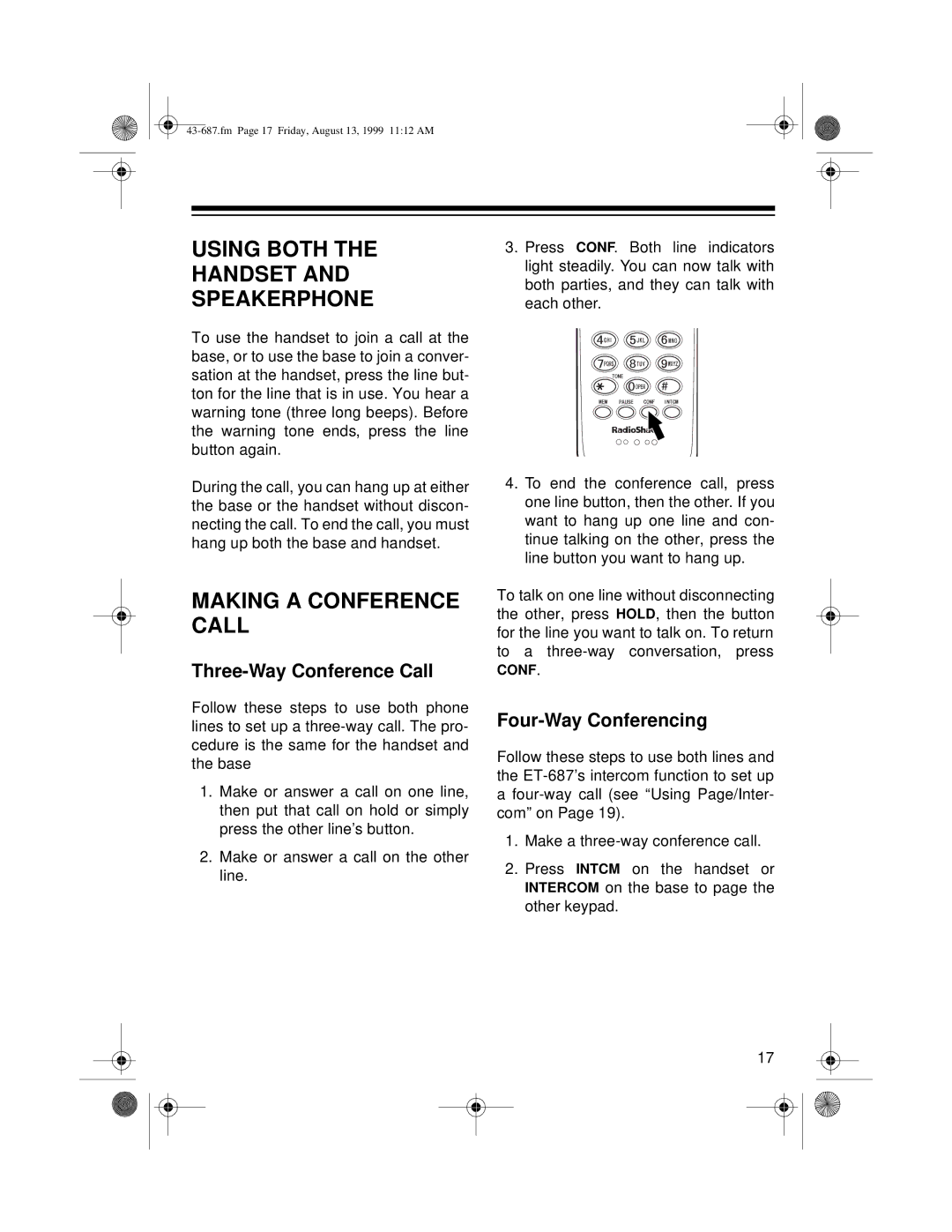 Radio Shack ET-687 owner manual Using Both Handset Speakerphone, Making a Conference Call, Three-Way Conference Call 