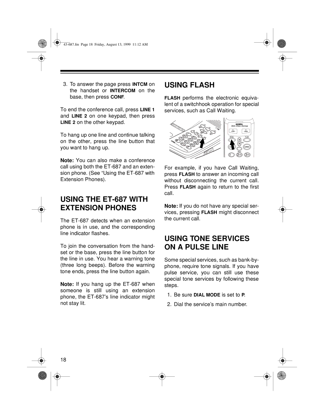 Radio Shack owner manual Using Flash, Using the ET-687 with Extension Phones 