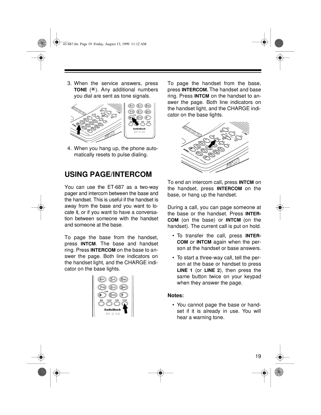 Radio Shack ET-687 owner manual Using PAGE/INTERCOM 