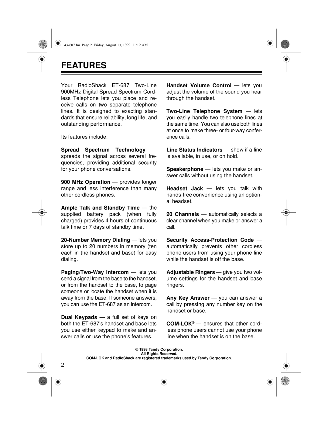 Radio Shack ET-687 owner manual Features 