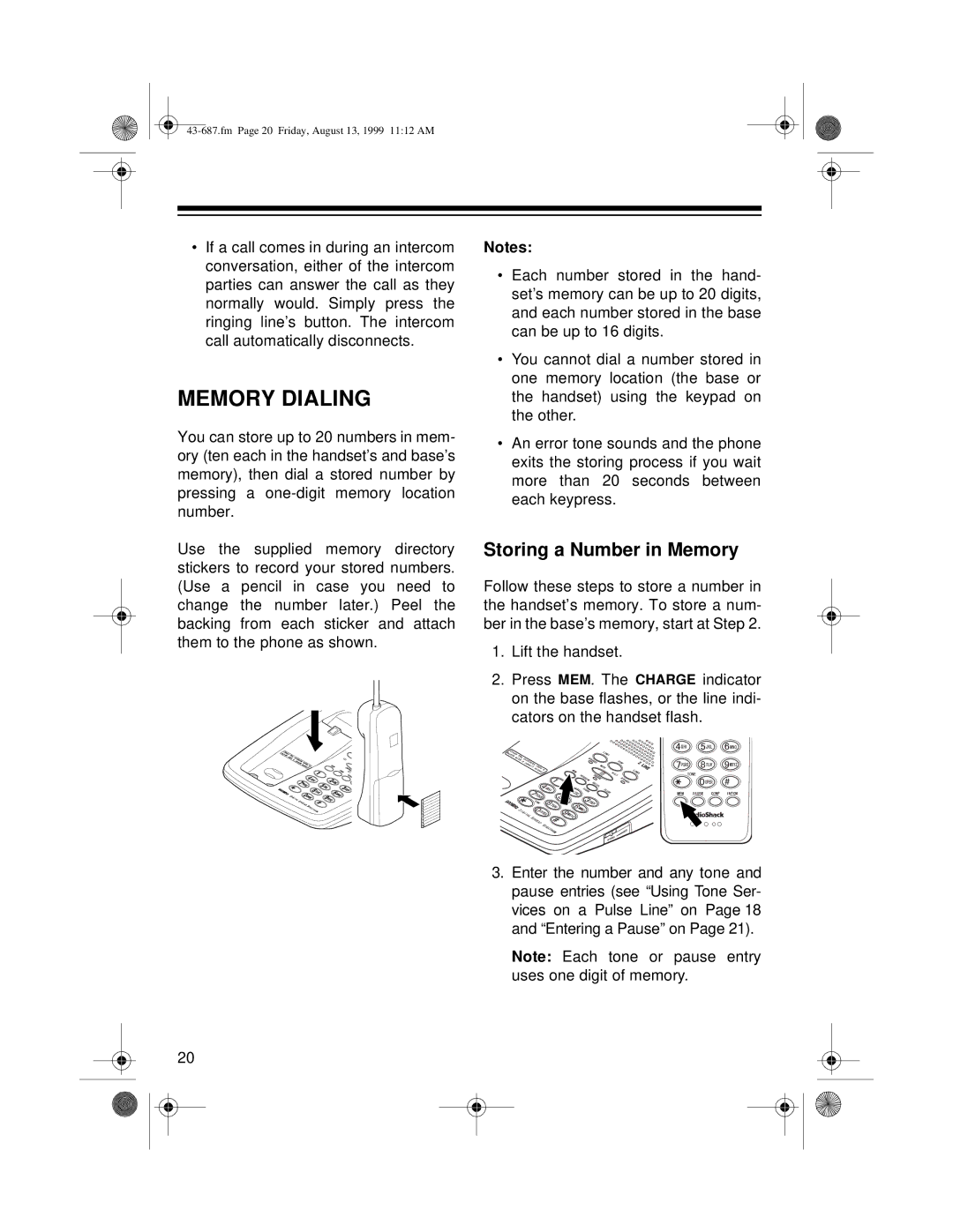 Radio Shack ET-687 owner manual Memory Dialing, Storing a Number in Memory 