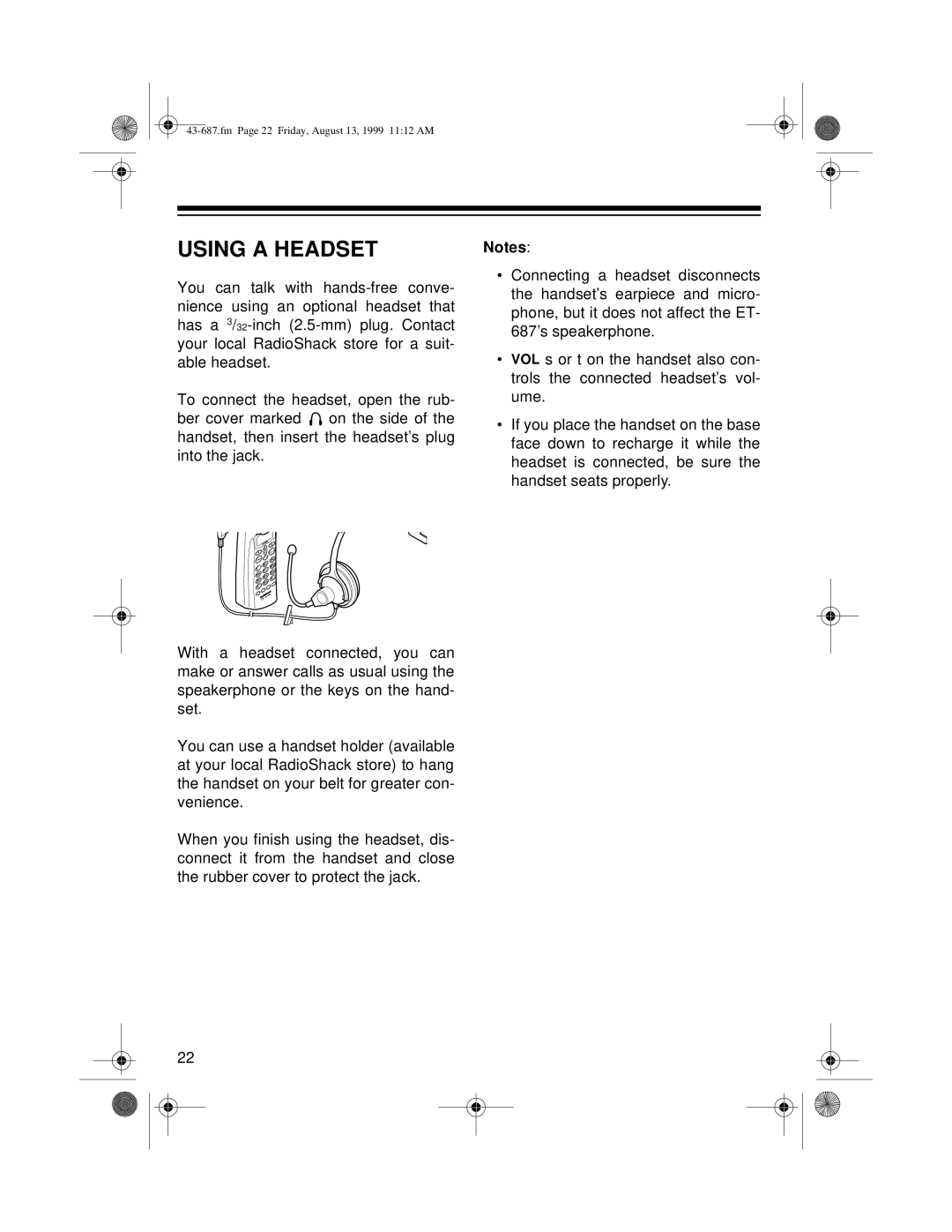 Radio Shack ET-687 owner manual Using a Headset 